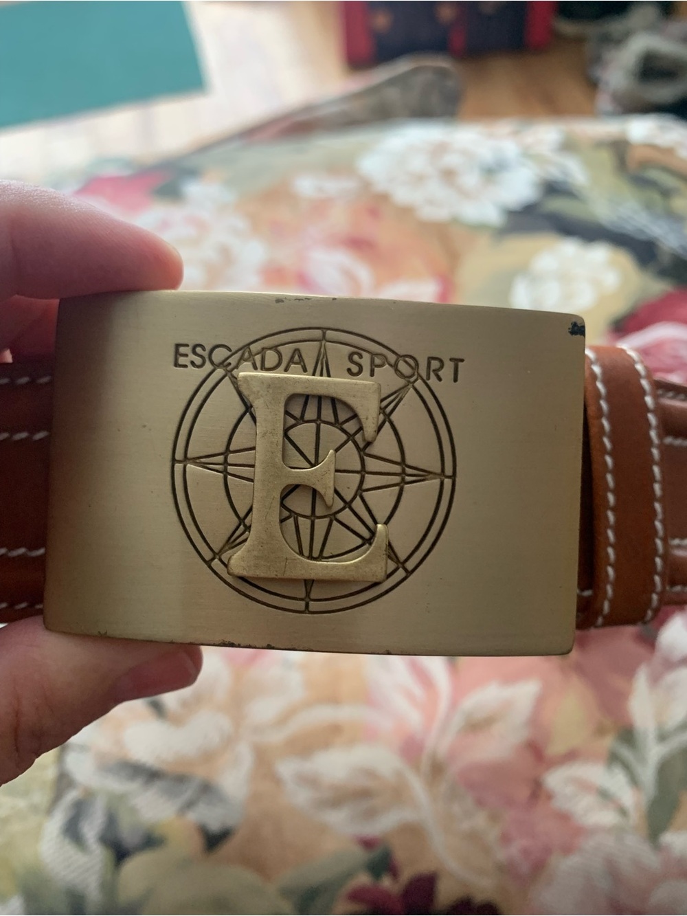 Escada Sport Tan Leather Belt with Gold Emblem Buckle
